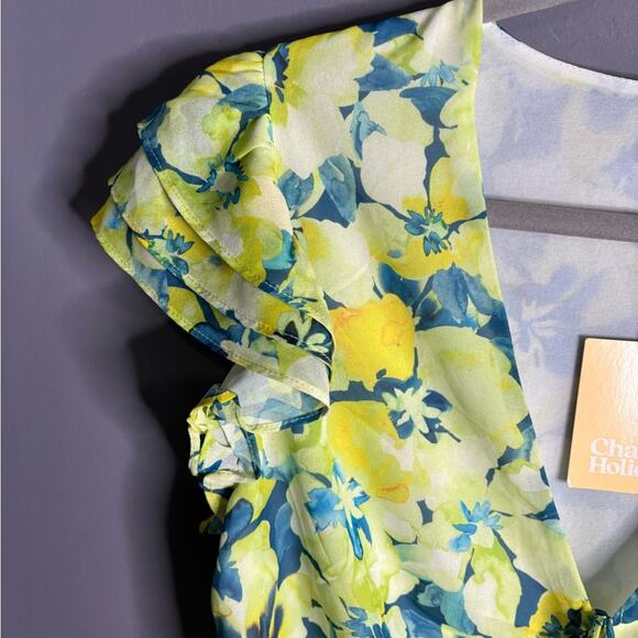 Charlie Holiday Yellow and Blue Floral Short Ruffle Sleeve Cinched Blouse Sz 10 - Picture 3 of 6